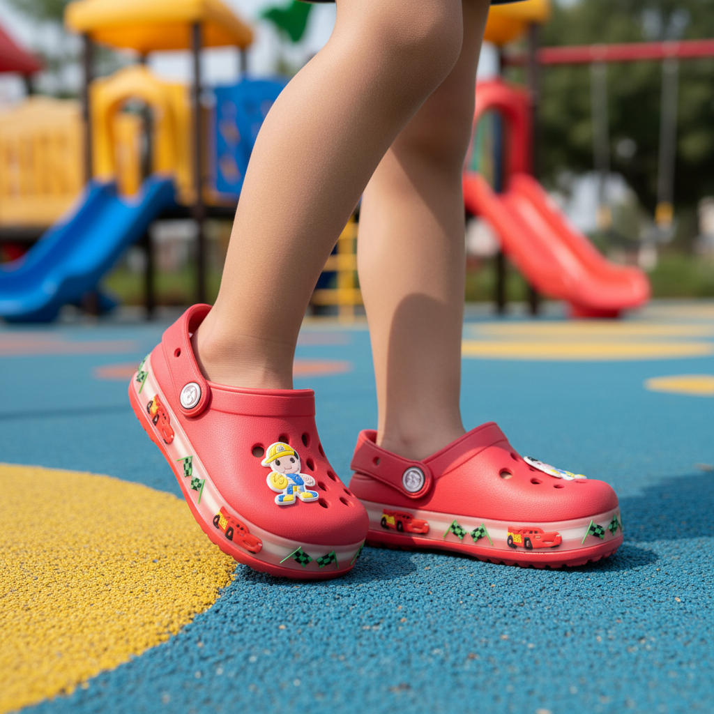 Red Racing Charm Clog on feet