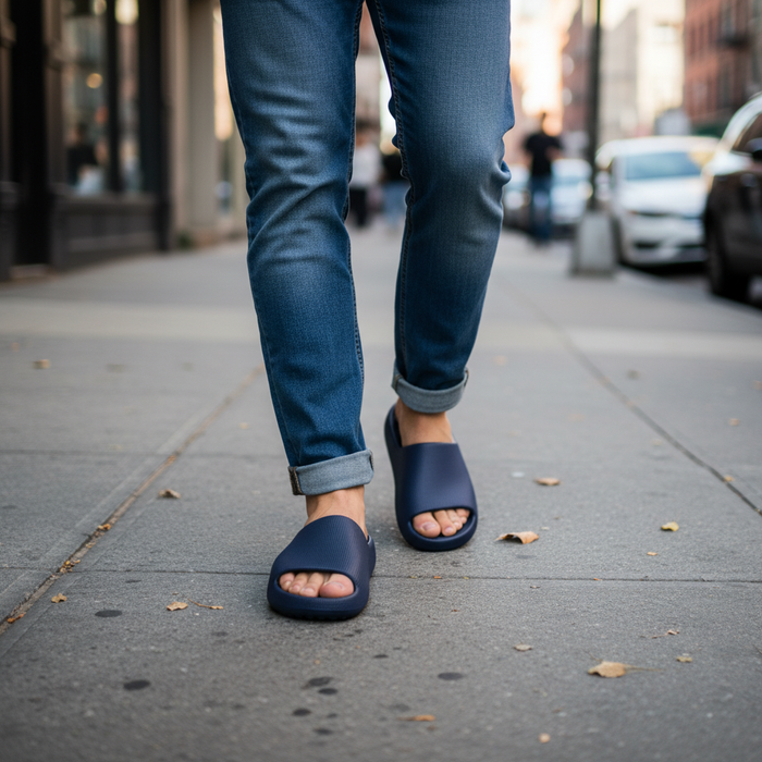 Navy Ribbed Platform Slide on feet