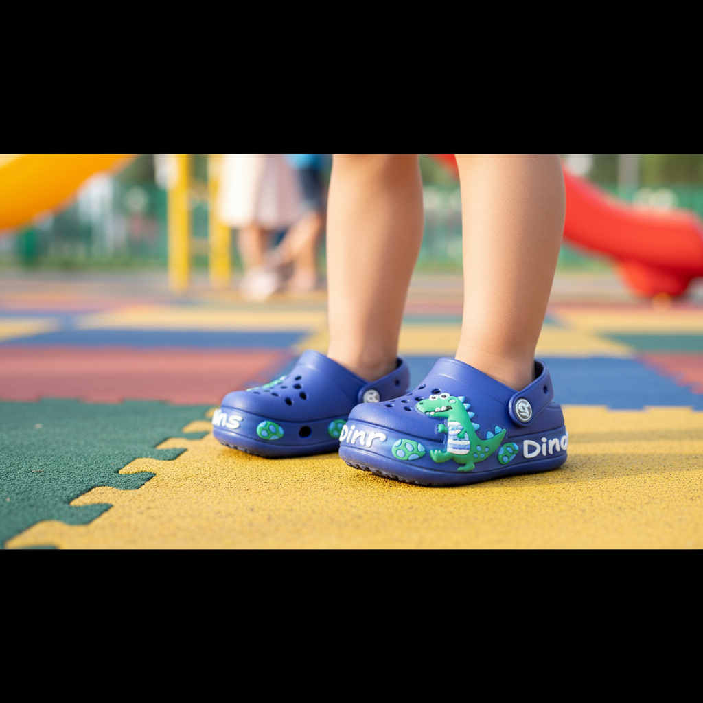 Blue Dino Charm Clog on feet