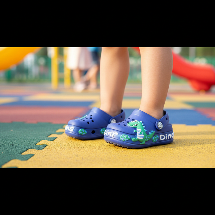 Blue Dino Charm Clog on feet