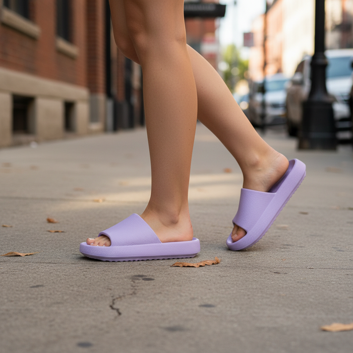 Lavender Ribbed Platform Slide on feet