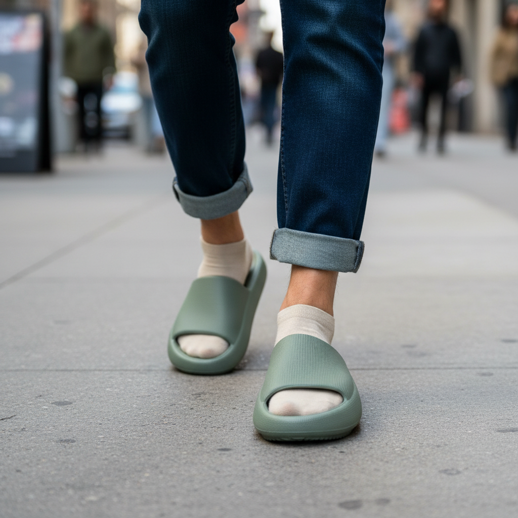 Sage Ribbed Platform Slide on feet