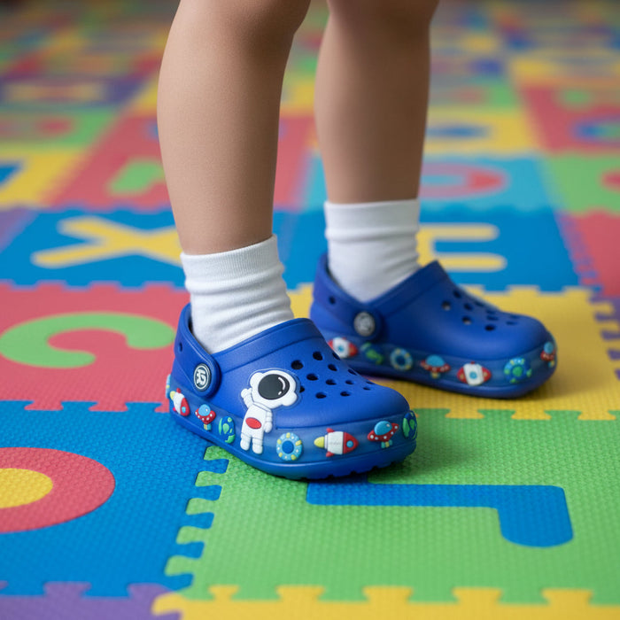 Blue Space Charm Clog on feet