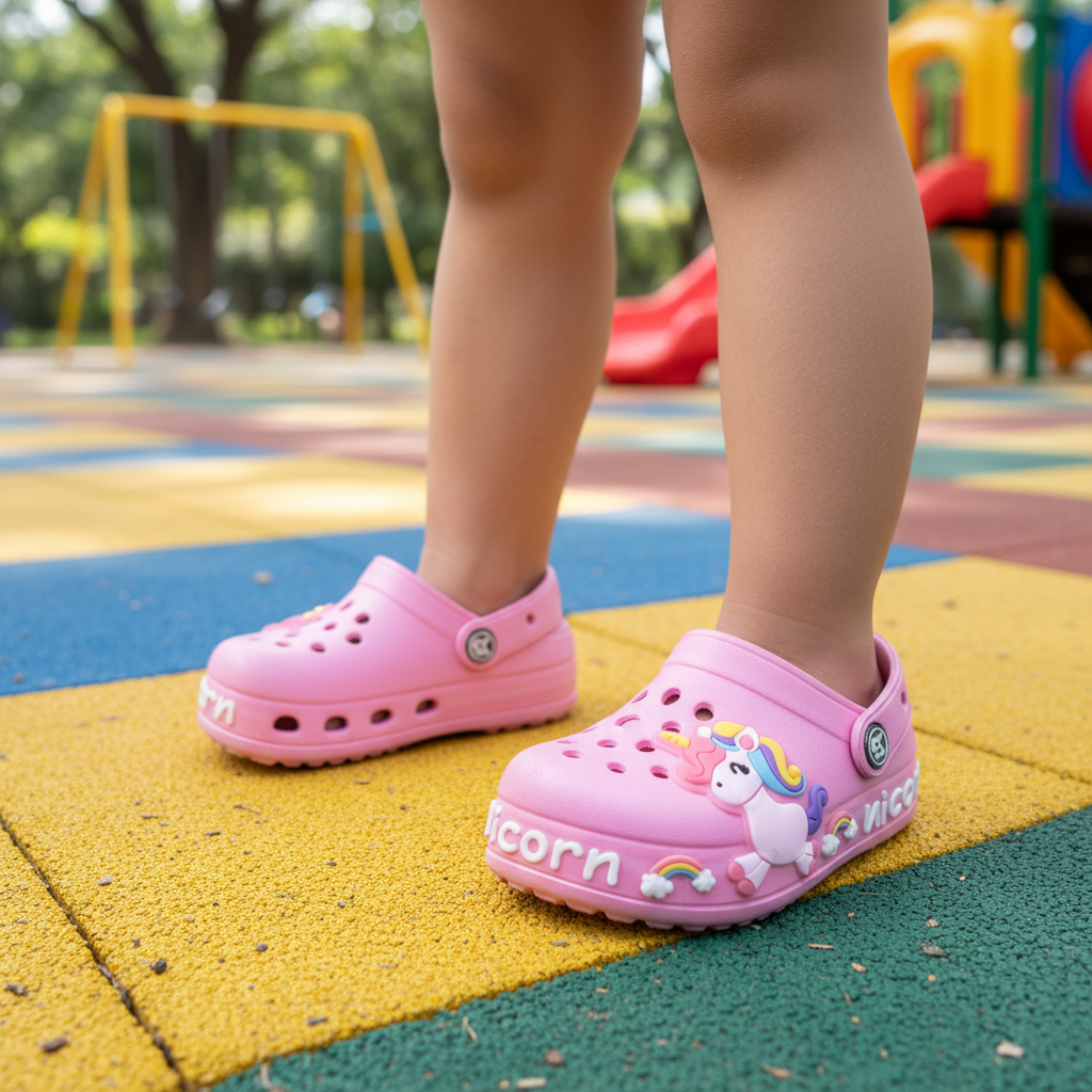 Pink Unicorn Charm Clog on feet