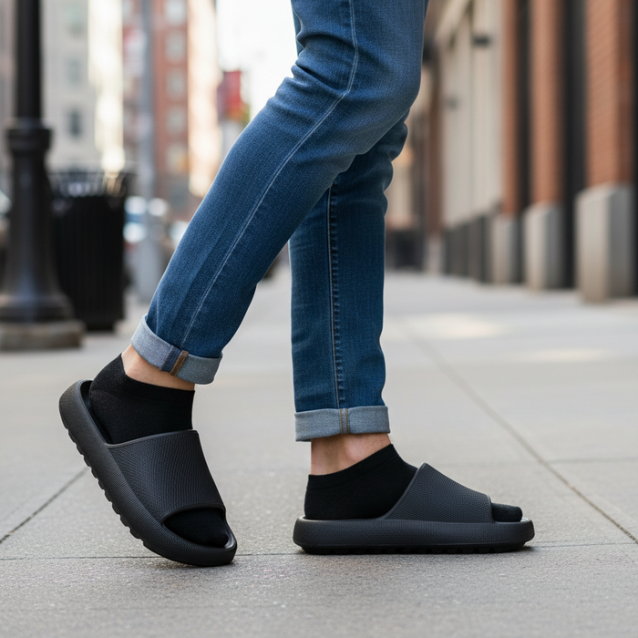 Black Ribbed Platform Slide on feet