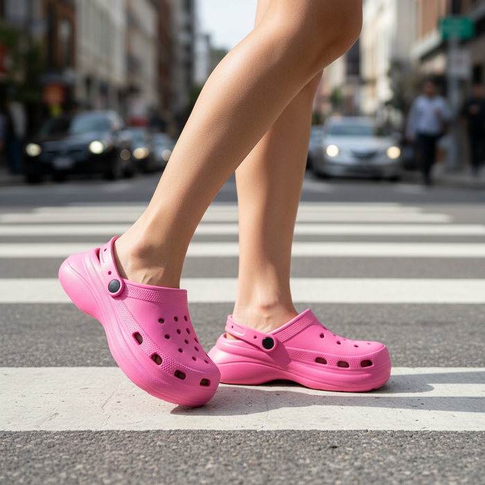 Hot Pink Classic Clog on feet