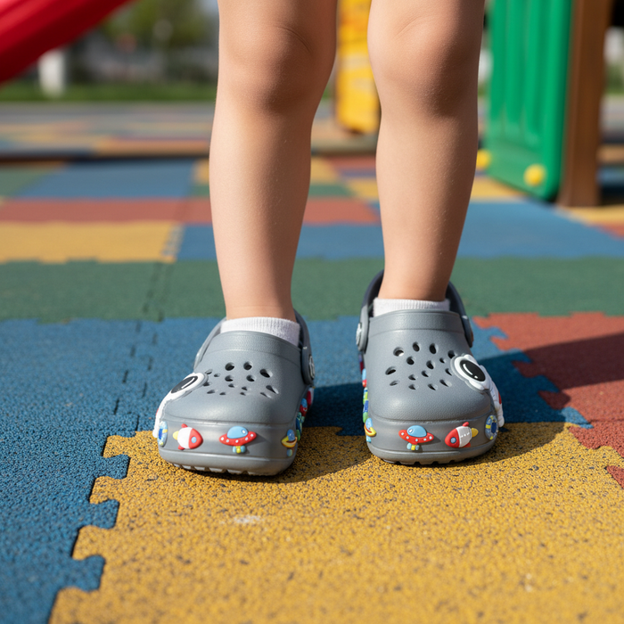 Gray Space Charm Clog on feet