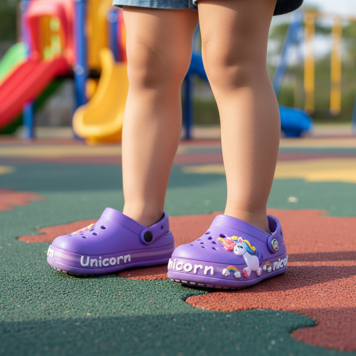 Purple Unicorn Charm Clog on feet